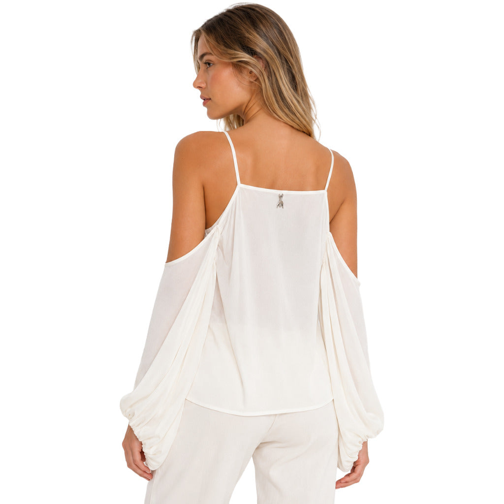Patrizia Pepe – white viscose blouse with draped neckline – back view with thin straps
