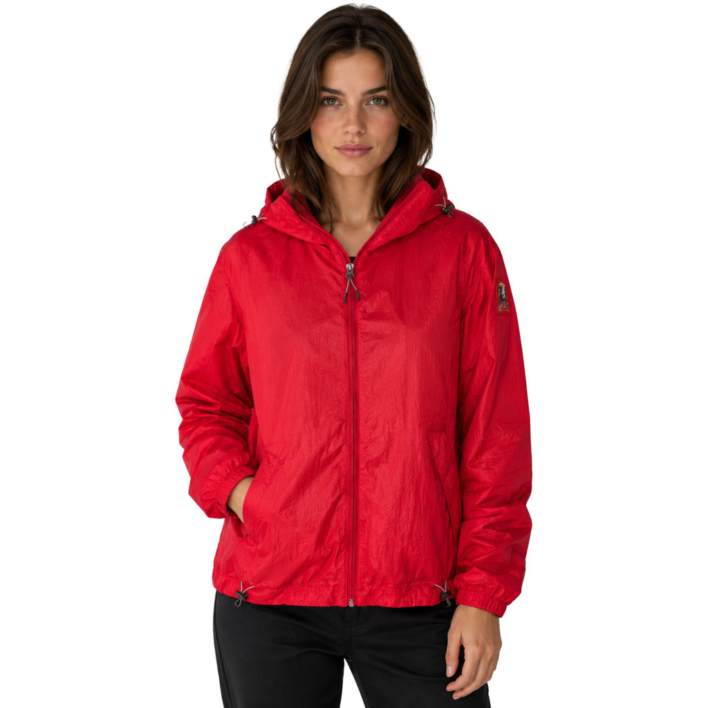 Parajumpers – Urska red hooded windbreaker jacket – front view worn by model