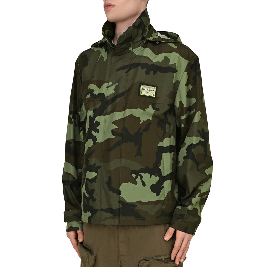 Dolce & Gabbana – camouflage hooded rain jacket – front three-quarter view on model