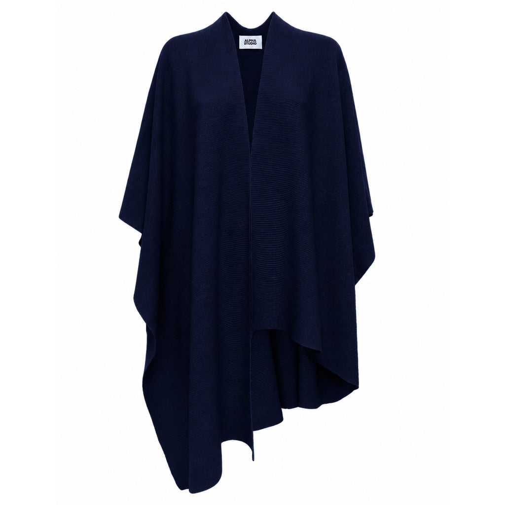 Alpha Studio – wool and cashmere navy poncho – front packshot with open neckline