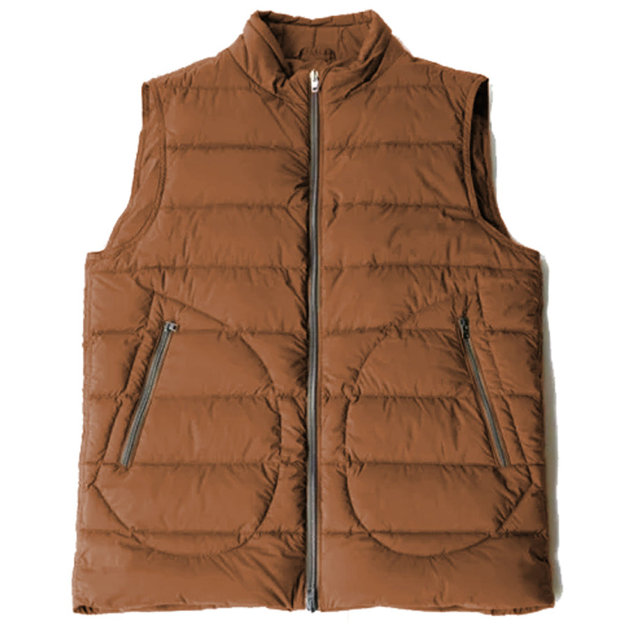 Herno – Down Vest – Front view of a brown quilted vest with zip pockets