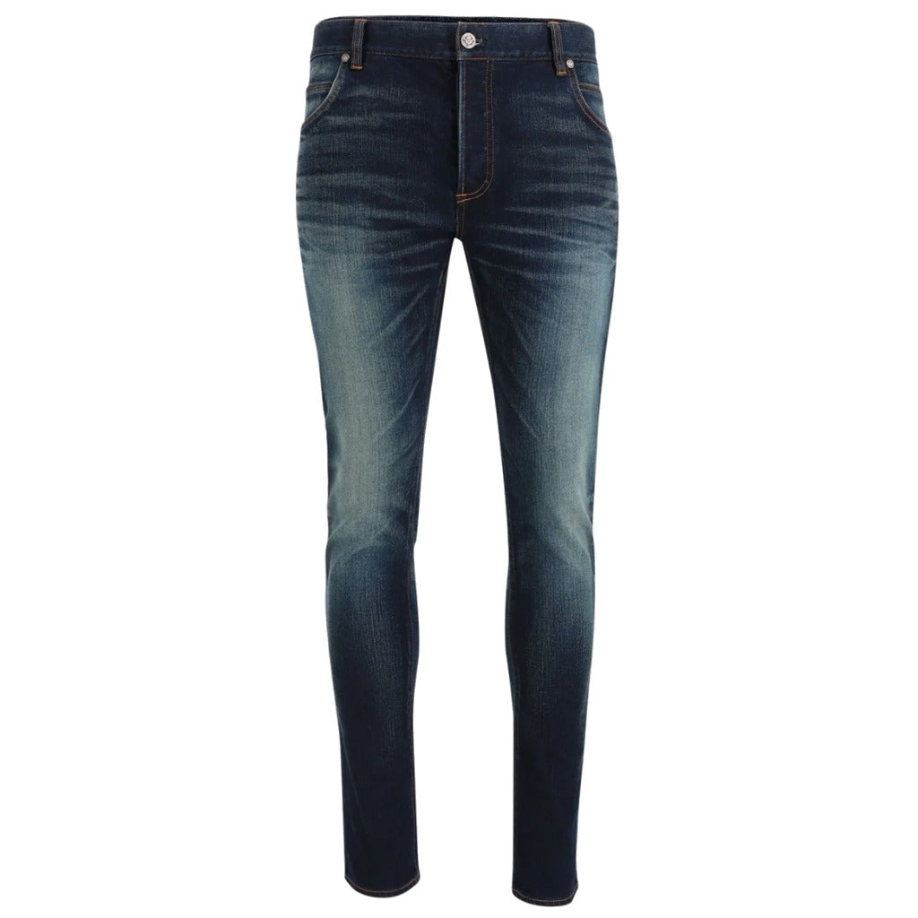 Balmain – blue cotton skinny jeans – front view showing faded whiskering and pockets