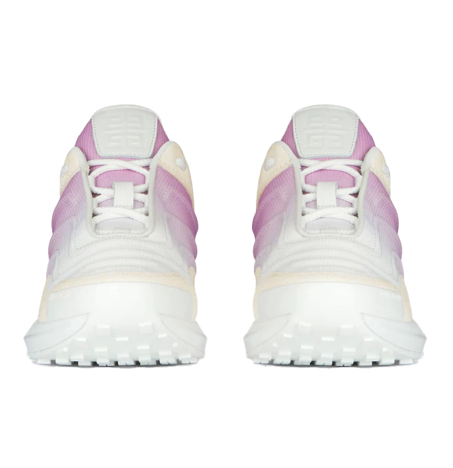Givenchy 2° Choice – roze polyester trainers – paar van voren met witte veters en roze accenten