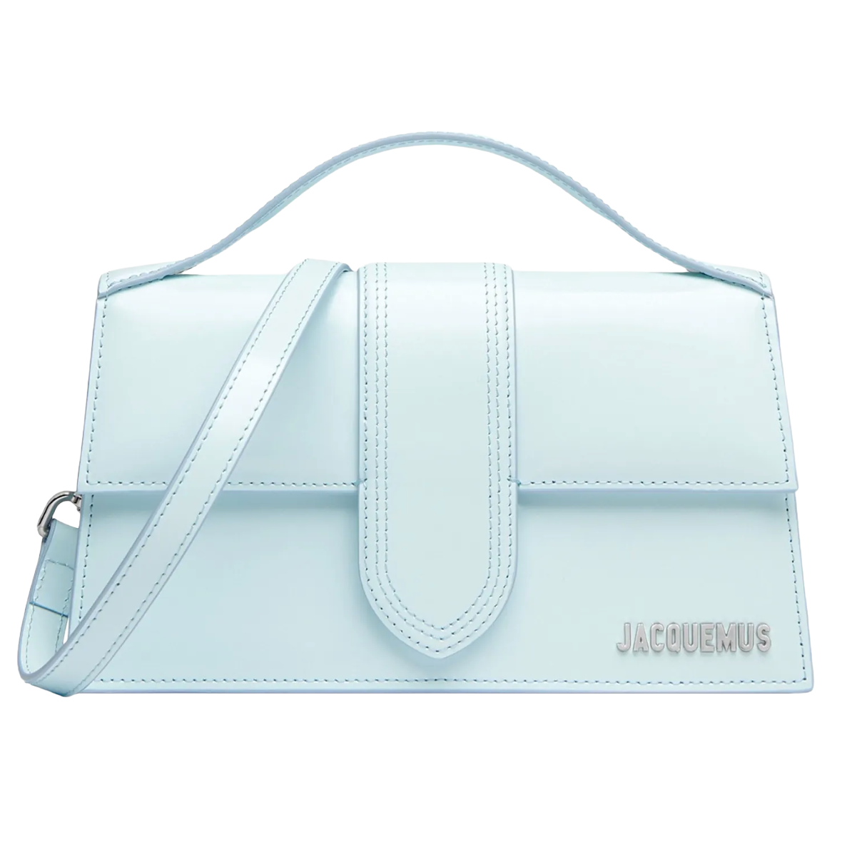 Jacquemus – Le Grand Bambino light blue shoulder bag – front view, top handle and flap