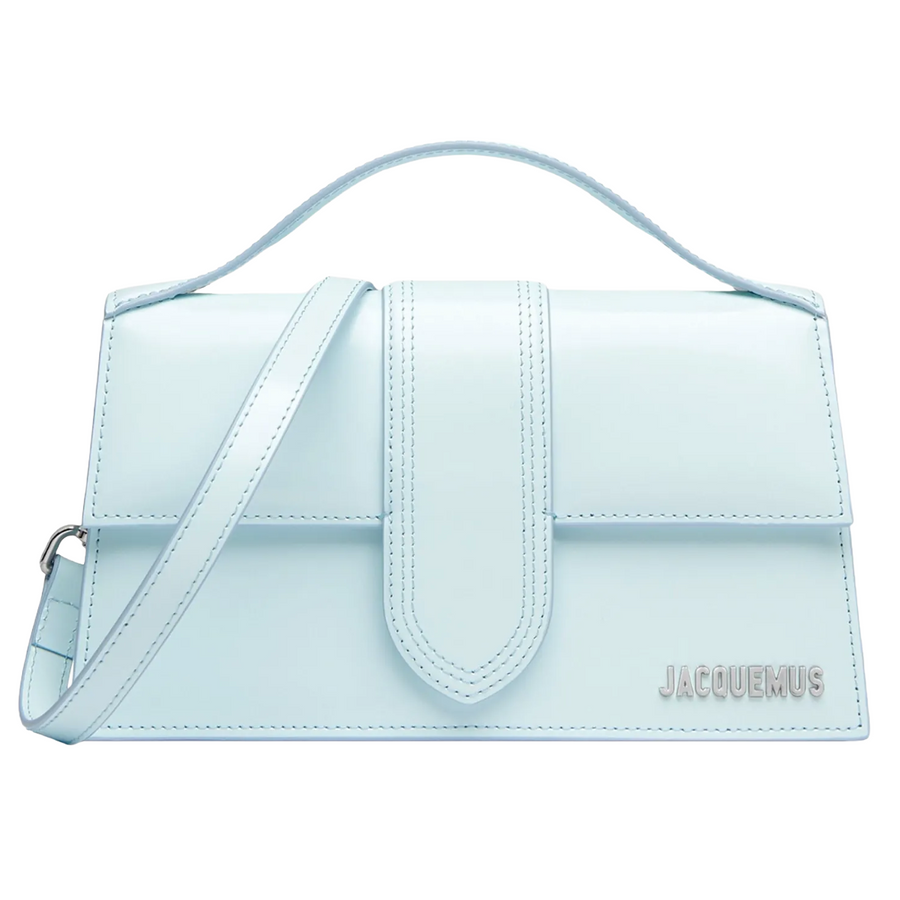 Jacquemus – Le Grand Bambino light blue shoulder bag – front view, top handle and flap