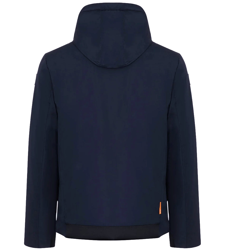Suns – blue hooded jacket – back view with dark hem panel