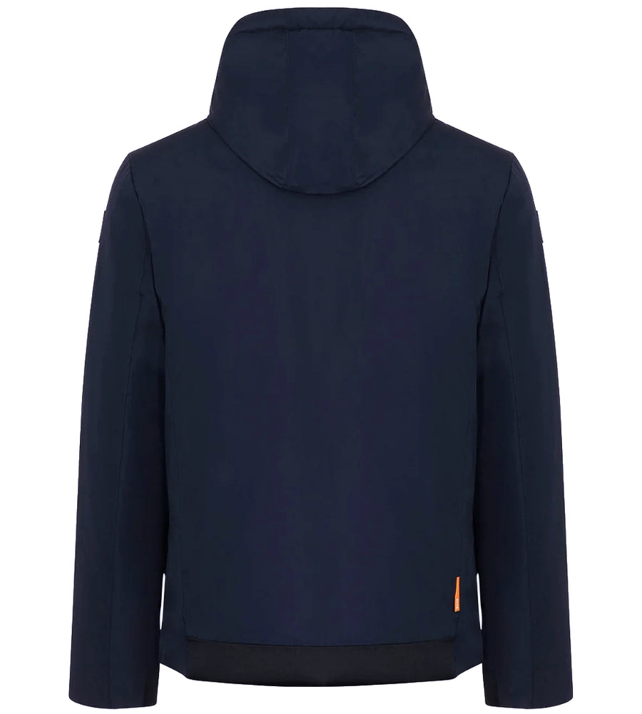 Suns – blue hooded jacket – back view with dark hem panel