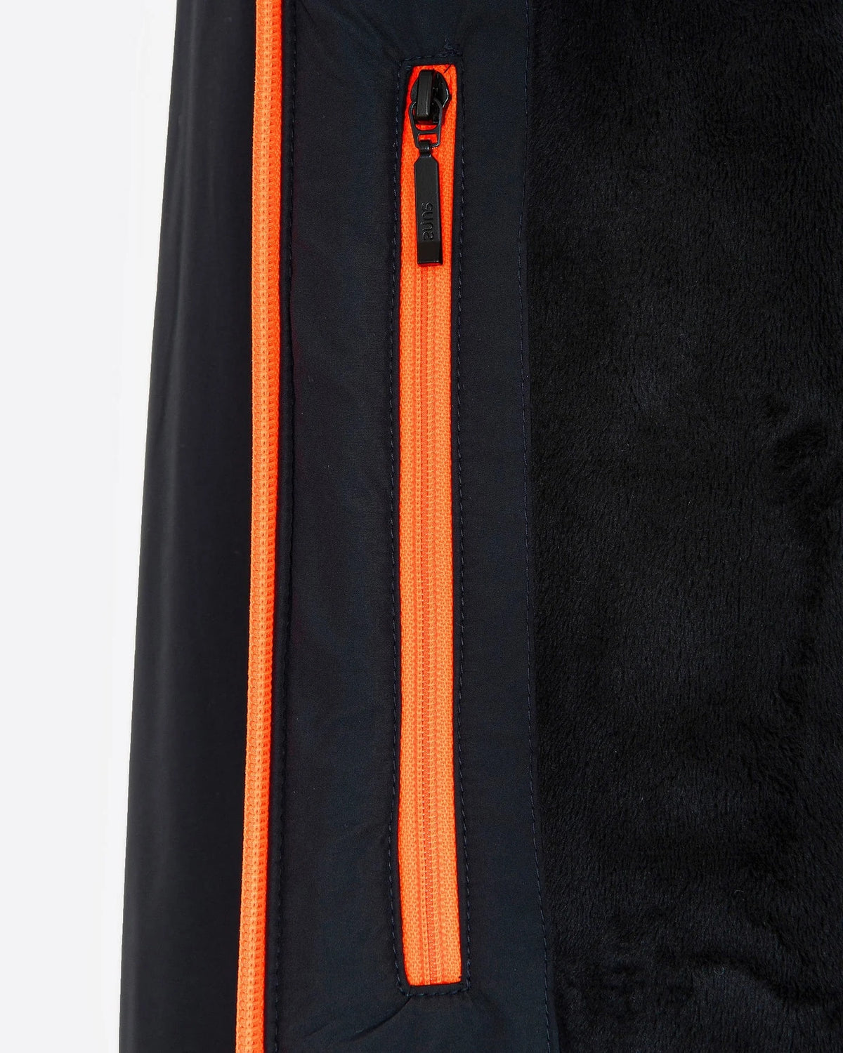 Suns – blue hooded jacket – close-up of orange zipper beside black lining