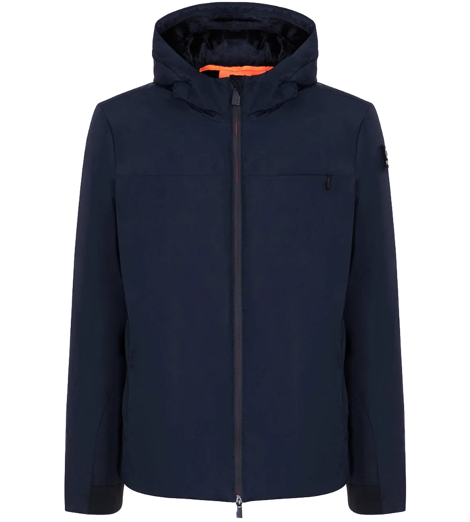 Suns – blue hooded jacket – front view with orange trim and chest zip pocket