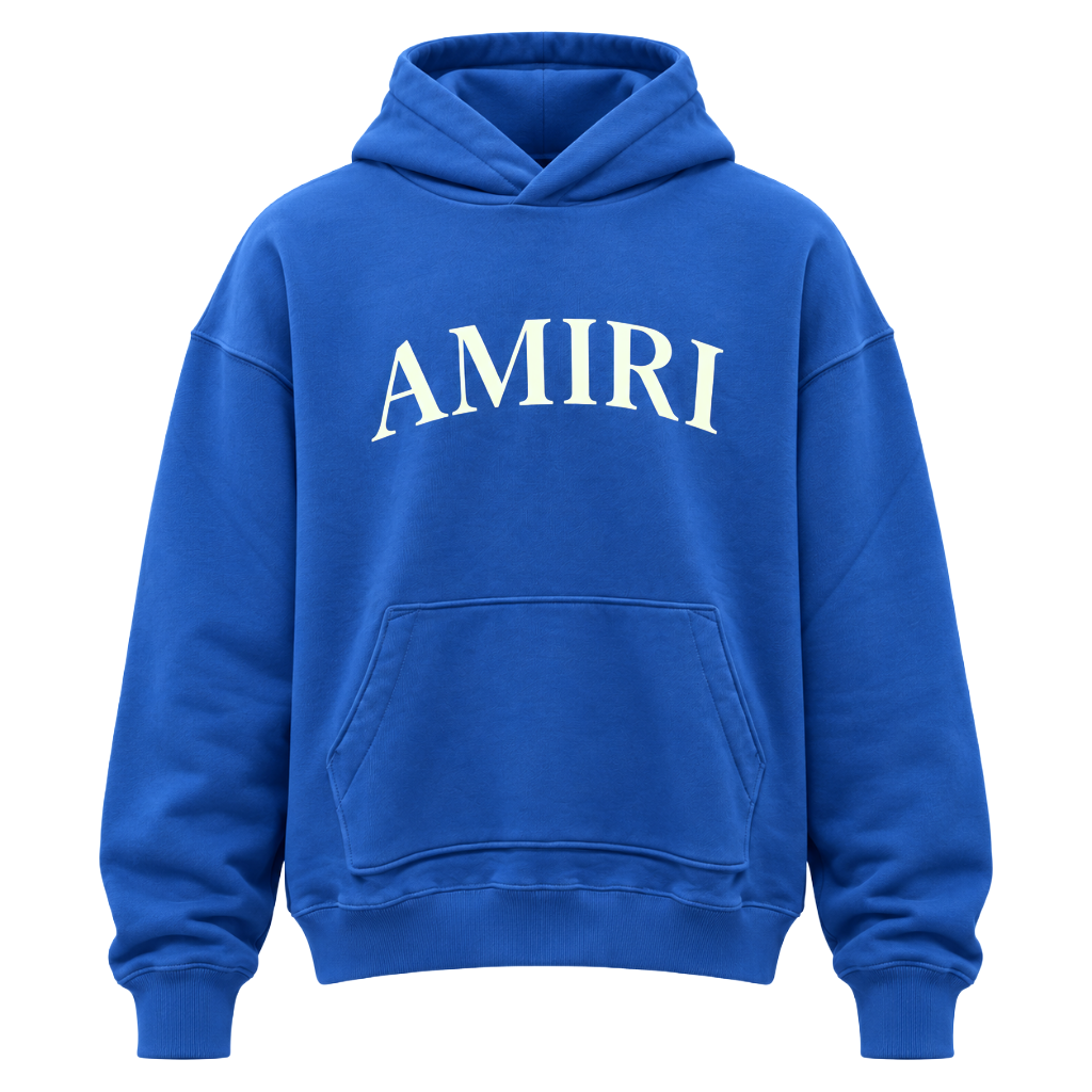 amiri – Logo Hoodie in Blue – front flat lay with white chest logo and kangaroo pocket