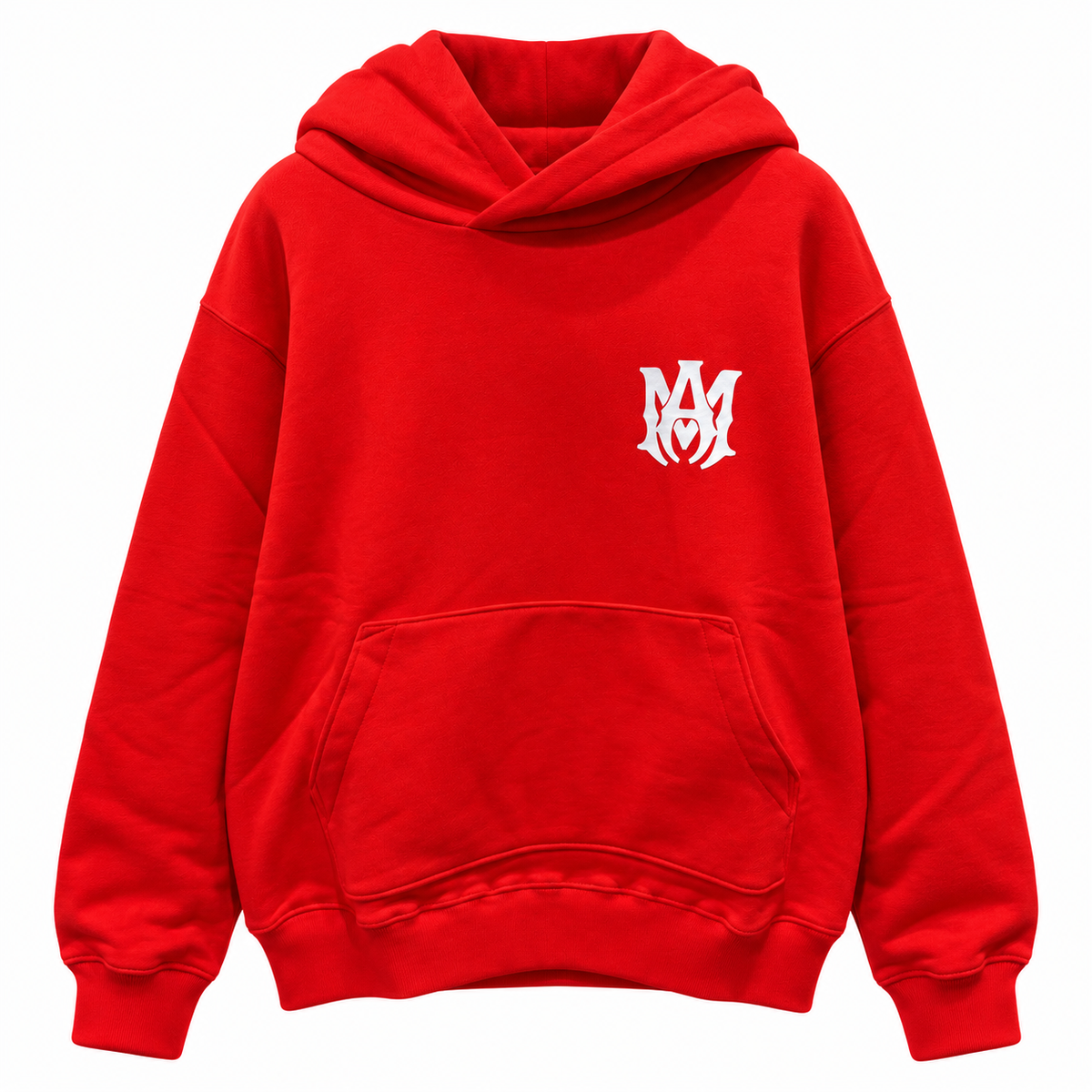 Amiri – Logo Hoodie in Red – Front view showing white chest logo and kangaroo pocket