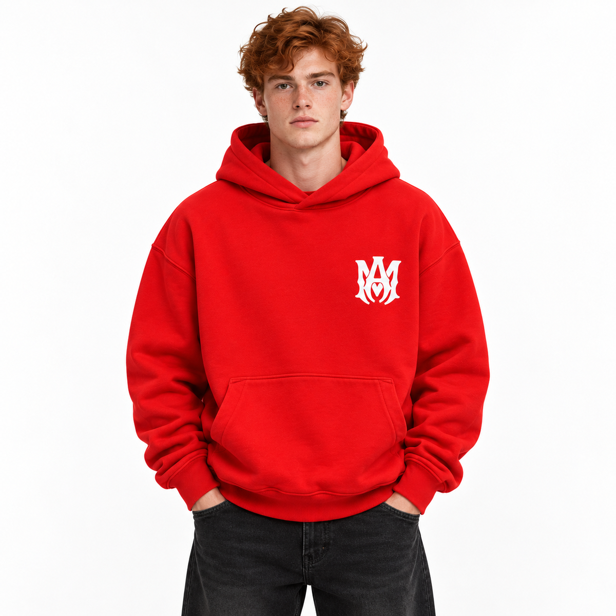Amiri – Logo Hoodie in Red – Front view worn by model with white chest logo