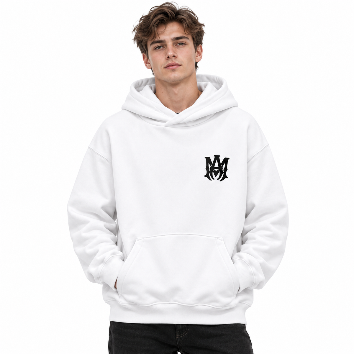 amiri – Logo Hoodie in White – model wearing it from the front