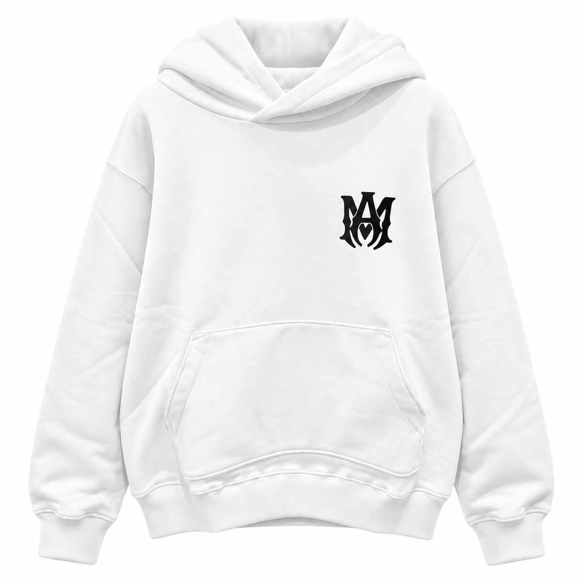 amiri – Logo Hoodie in White – front flat view with black chest emblem and kangaroo pocket