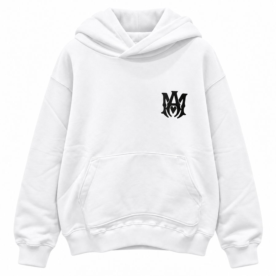 amiri – Logo Hoodie in White – front flat view with black chest emblem and kangaroo pocket