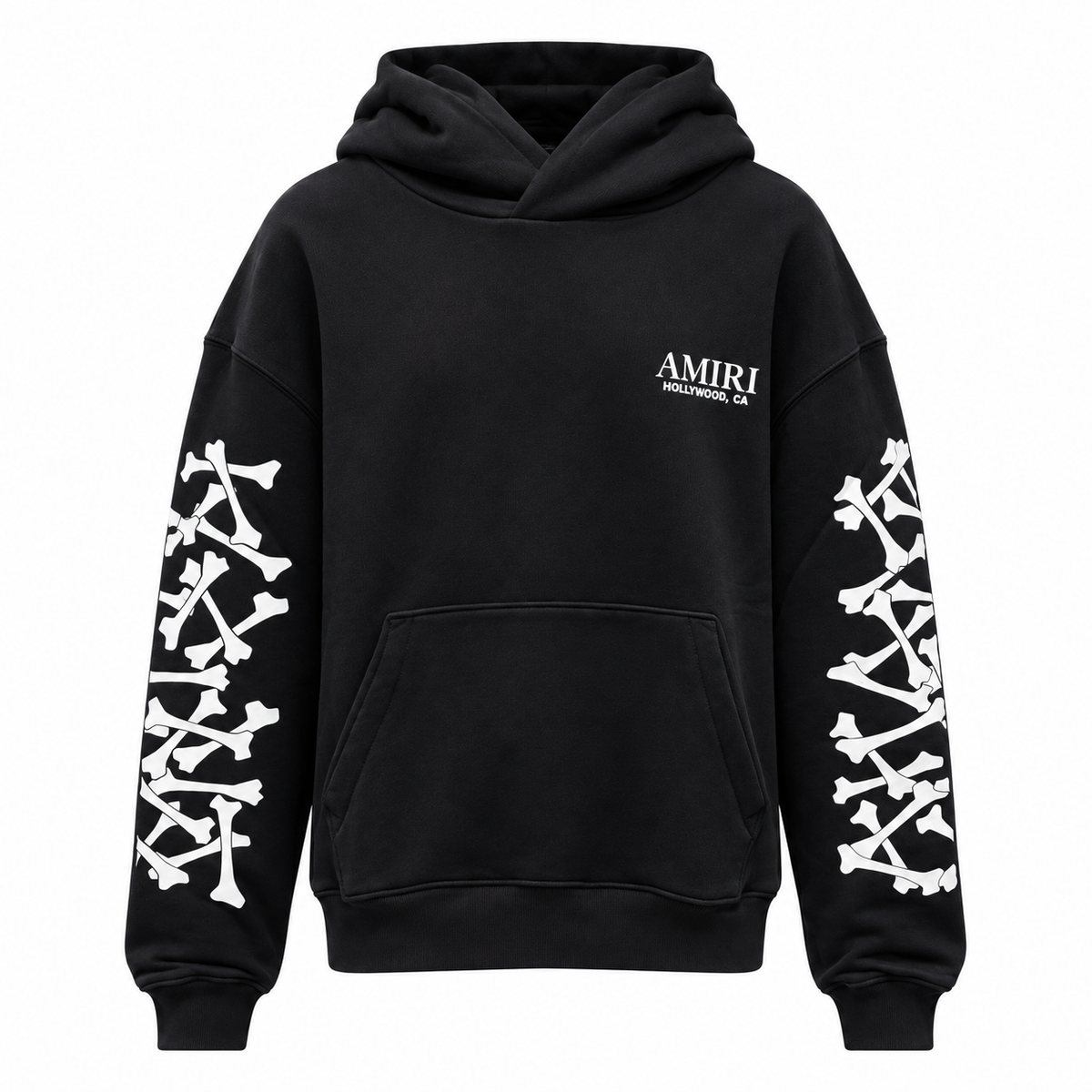 Amiri – Bones Stacked Hoodie – black front view with white sleeve graphics and chest logo
