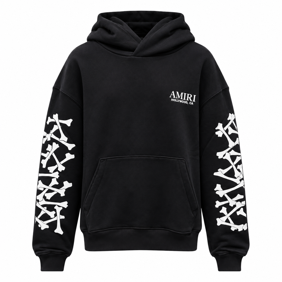 Amiri – Bones Stacked Hoodie – black front view with white sleeve graphics and chest logo