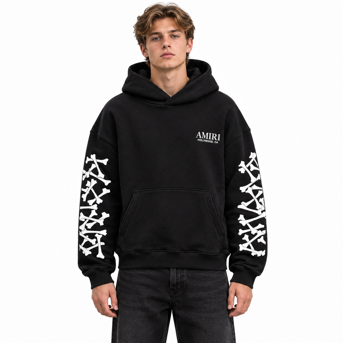 Amiri – Bones Stacked Hoodie – worn front view with white sleeve graphics and chest logo