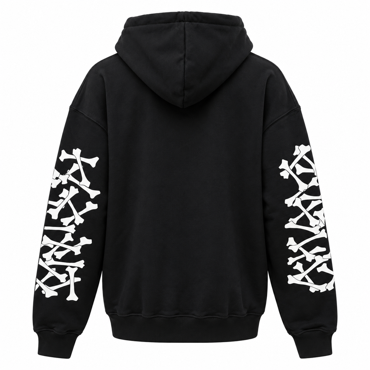 Amiri – Bones Stacked Hoodie – black back view showing hood and white sleeve graphics
