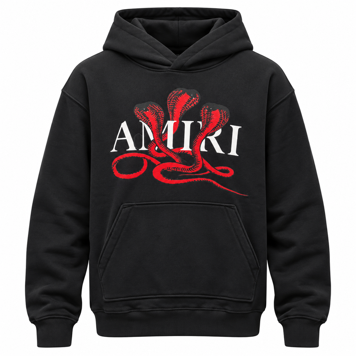 amiri – Serpenti Hoodie – front view, black with red snake graphic and white lettering