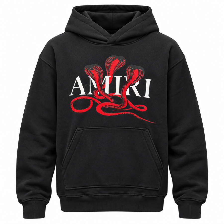 amiri – Serpenti Hoodie – front view, black with red snake graphic and white lettering