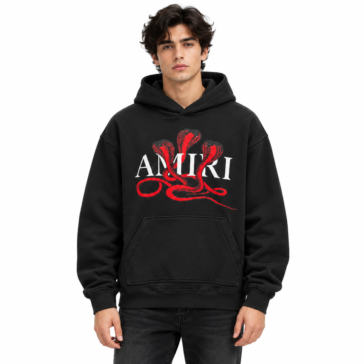amiri – Serpenti Hoodie – model wearing black hoodie with red snake graphic