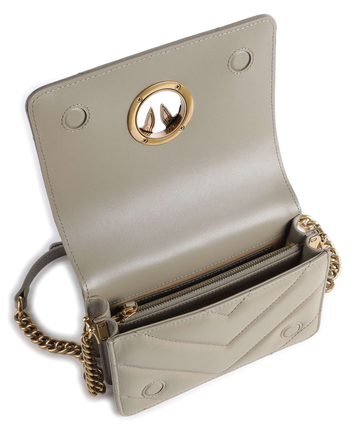 pinko – Love Click Mini Crossbody Bag – Open beige bag with zip compartments and gold chain
