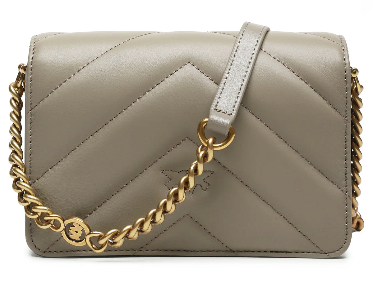 pinko – Love Click Mini Crossbody Bag – Beige back view with chevron stitching and gold chain