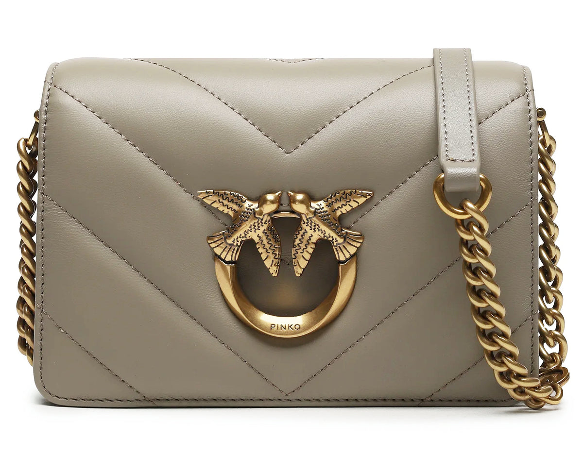 pinko – Love Click Mini Crossbody Bag – Beige front view with gold chain and bird clasp