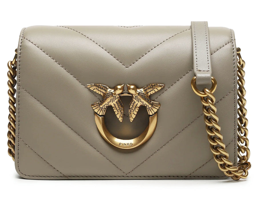 pinko – Love Click Mini Crossbody Bag – Beige front view with gold chain and bird clasp
