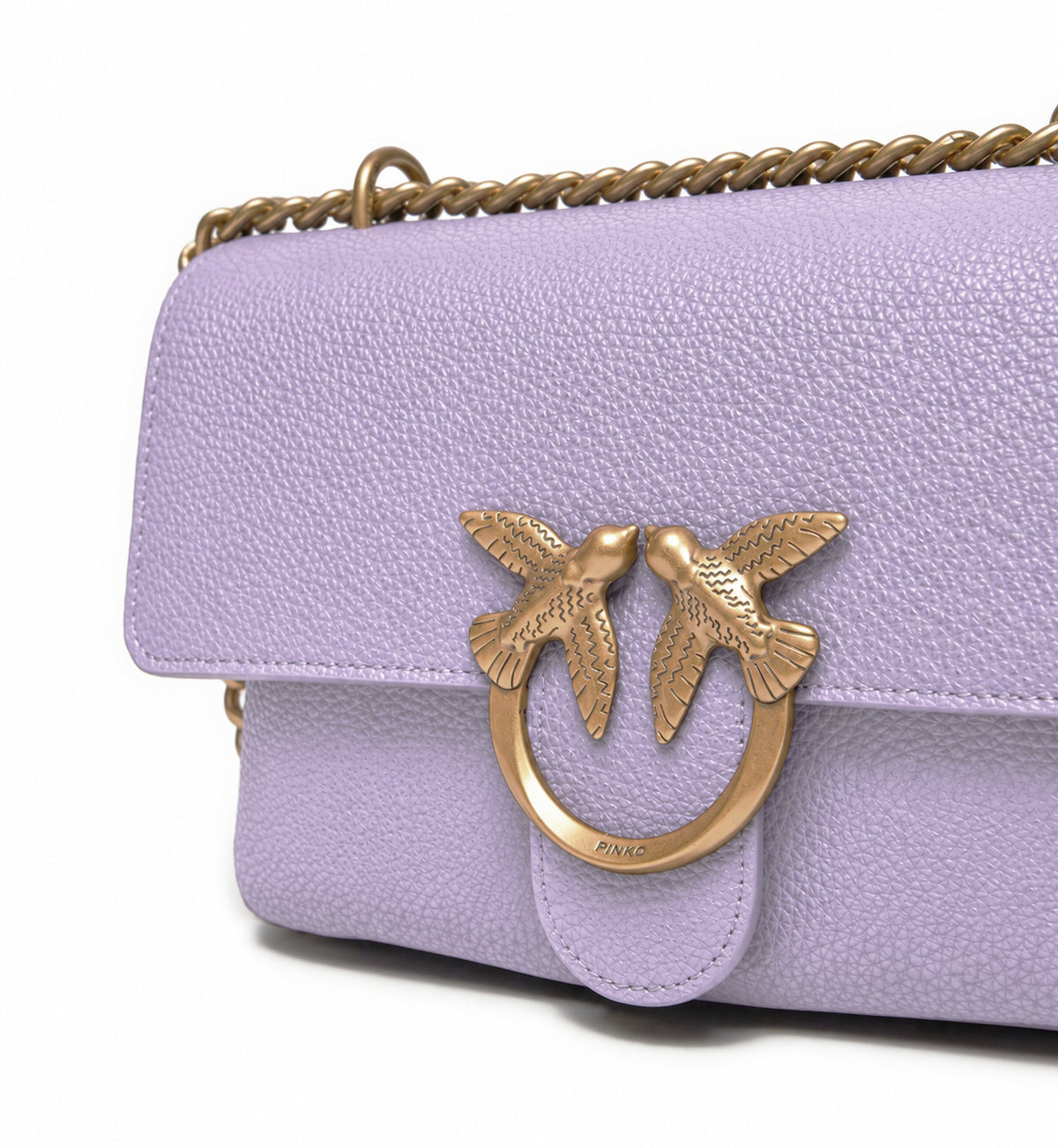 pinko – Pinko Love One Soft Mini Shoulder Bag – close-up of gold bird clasp and textured lilac flap