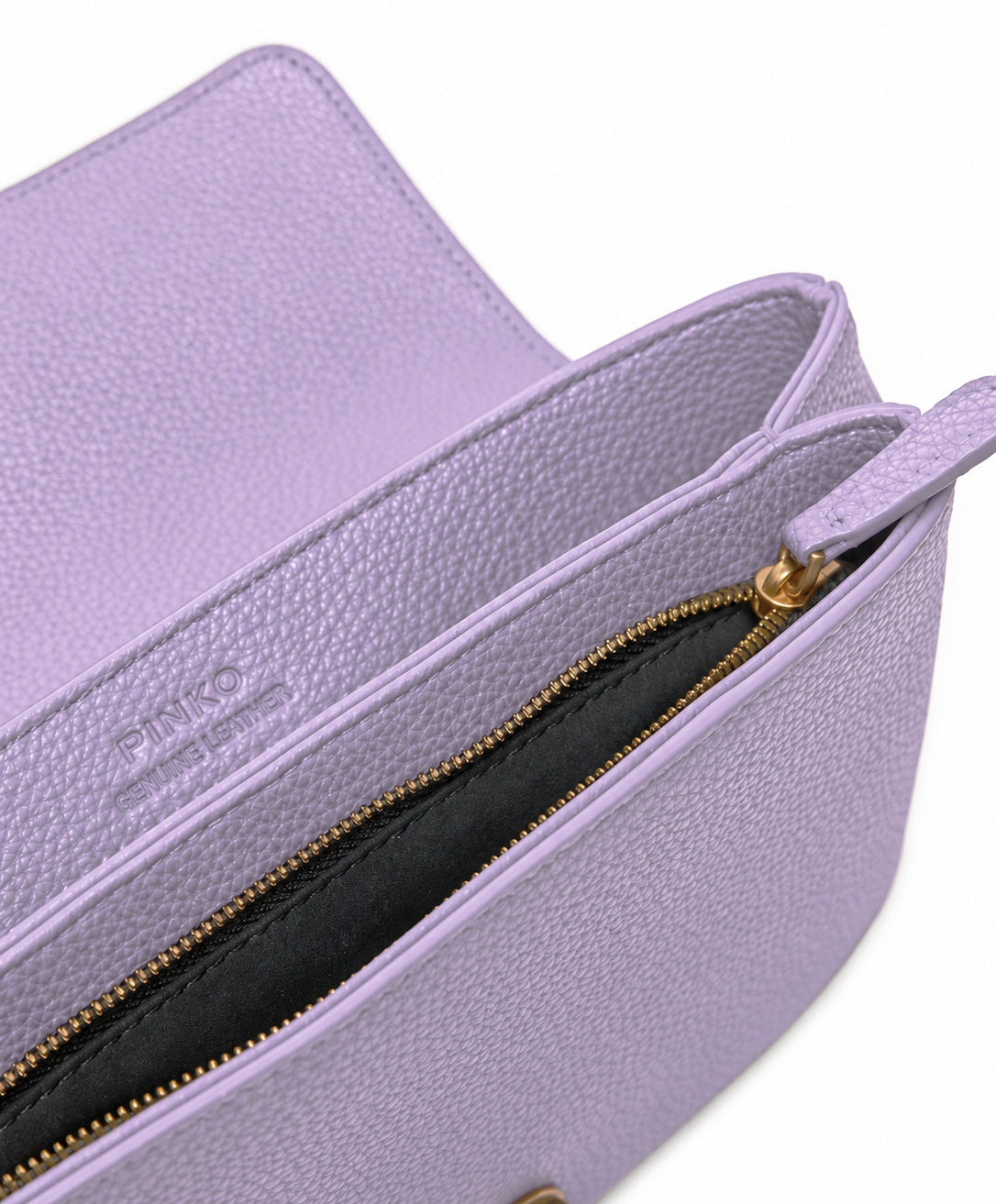 pinko – Pinko Love One Soft Mini Shoulder Bag – open interior with zipper and embossed label