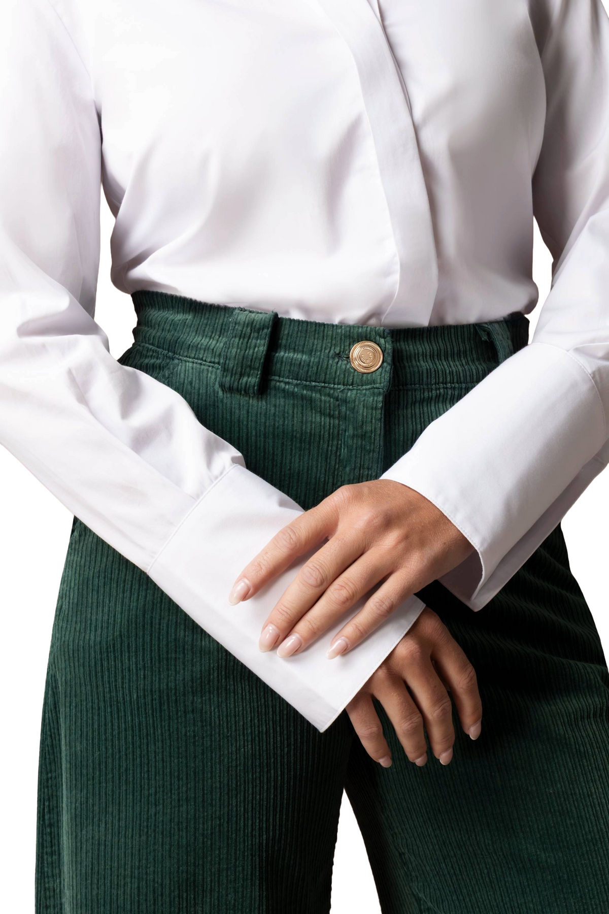 East Drive – green wide-leg corduroy trousers – close-up of waistband and button