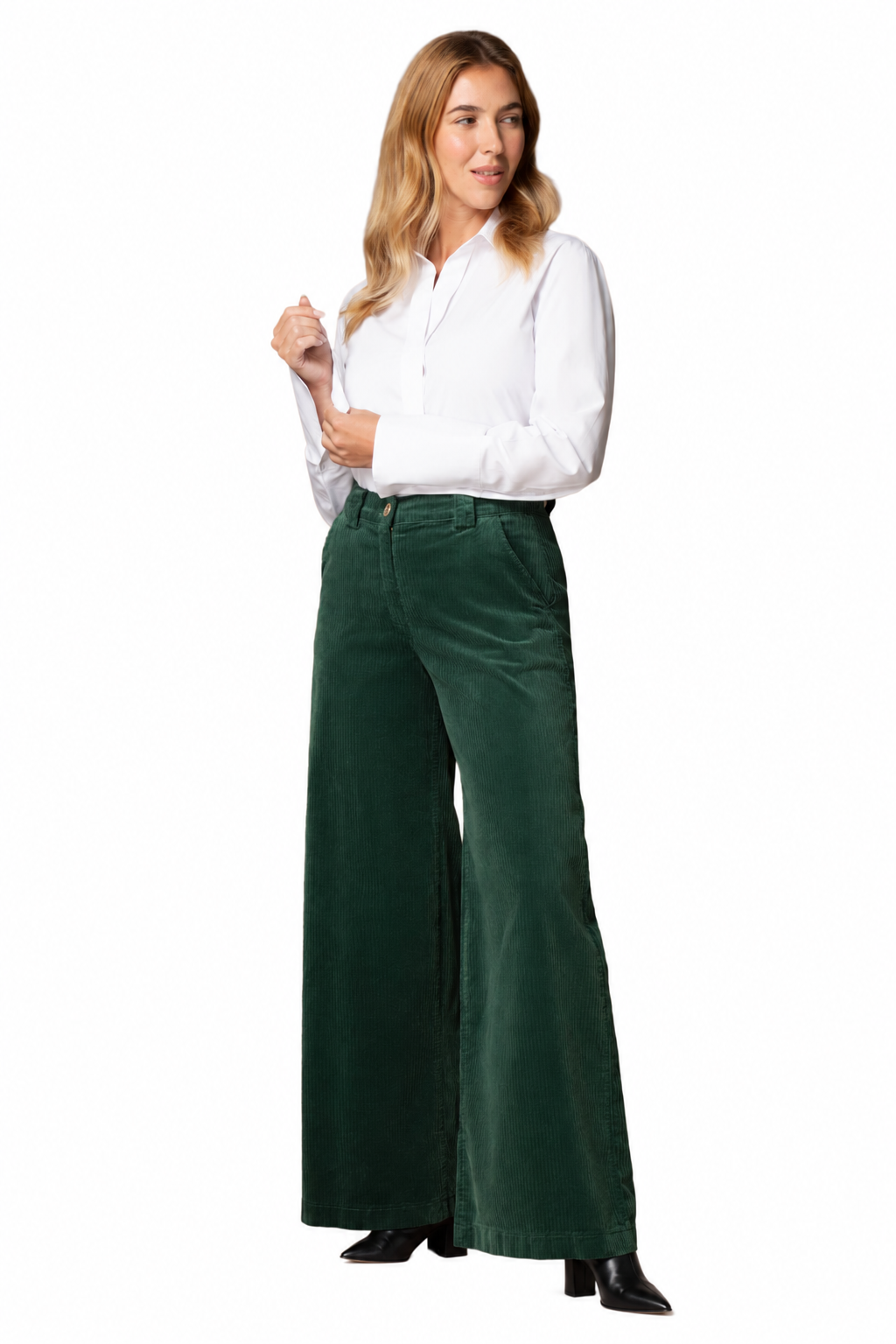 East Drive – green wide-leg corduroy trousers – full-length front view worn with blouse