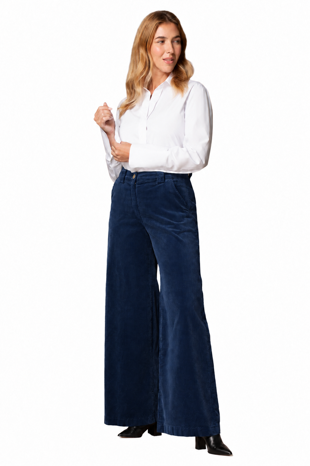 East Drive – blue wide-leg corduroy trousers – full-length view worn with white shirt