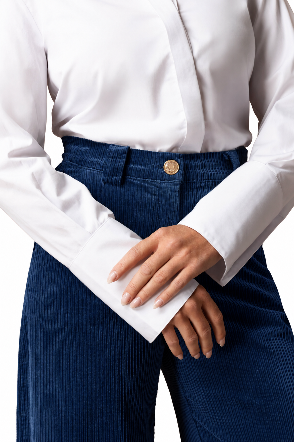 East Drive – blue wide-leg corduroy trousers – close-up of waistband and ribbed texture