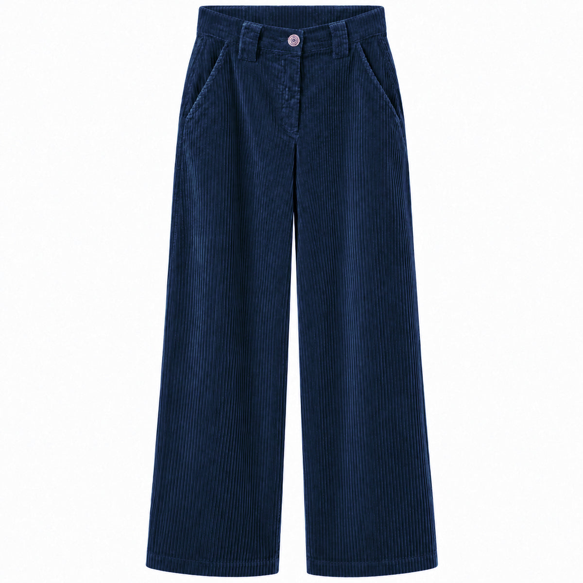 East Drive – blue wide-leg corduroy trousers – front view, flat against white