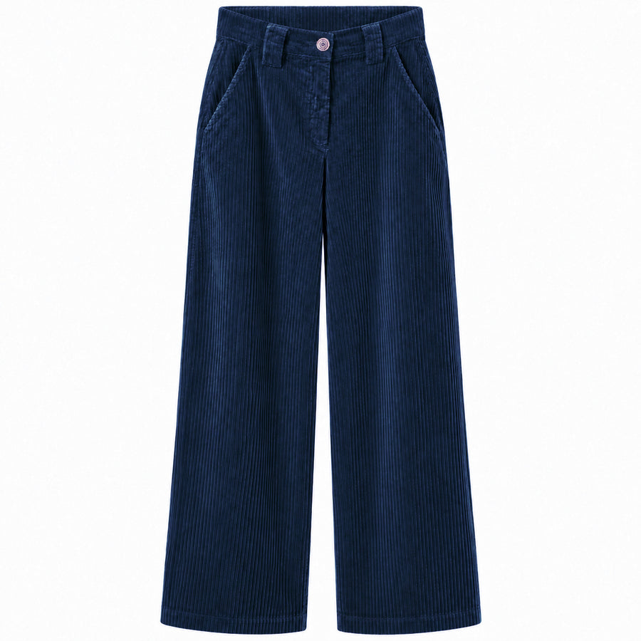 East Drive – blue wide-leg corduroy trousers – front view, flat against white
