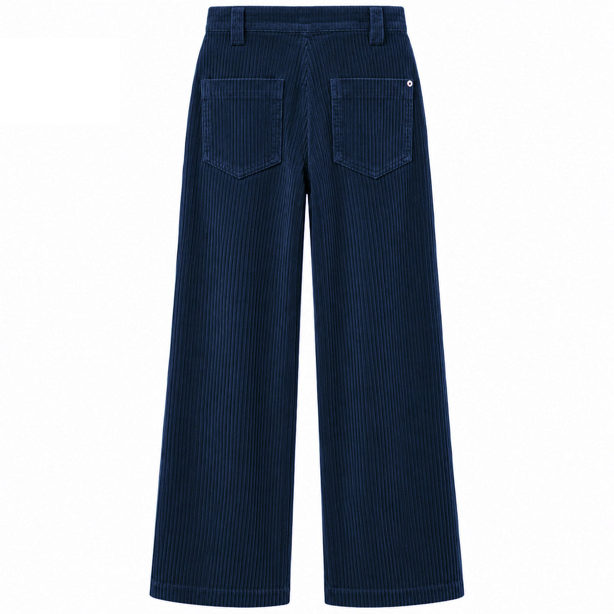 East Drive – blue wide-leg corduroy trousers – back view, flat against white