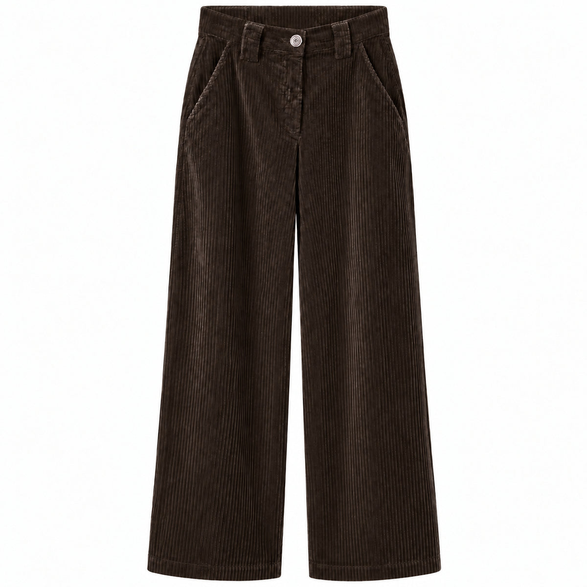 East Drive – brown wide-leg corduroy trousers – front view on white background