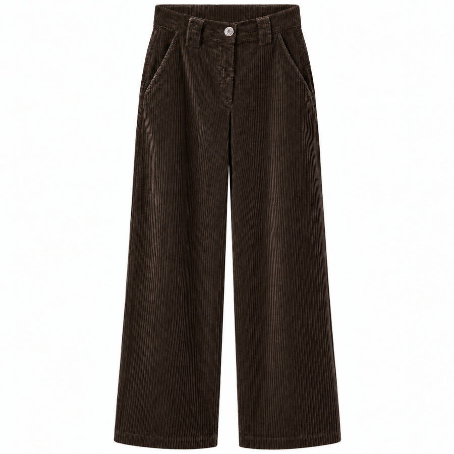 East Drive – brown wide-leg corduroy trousers – front view on white background