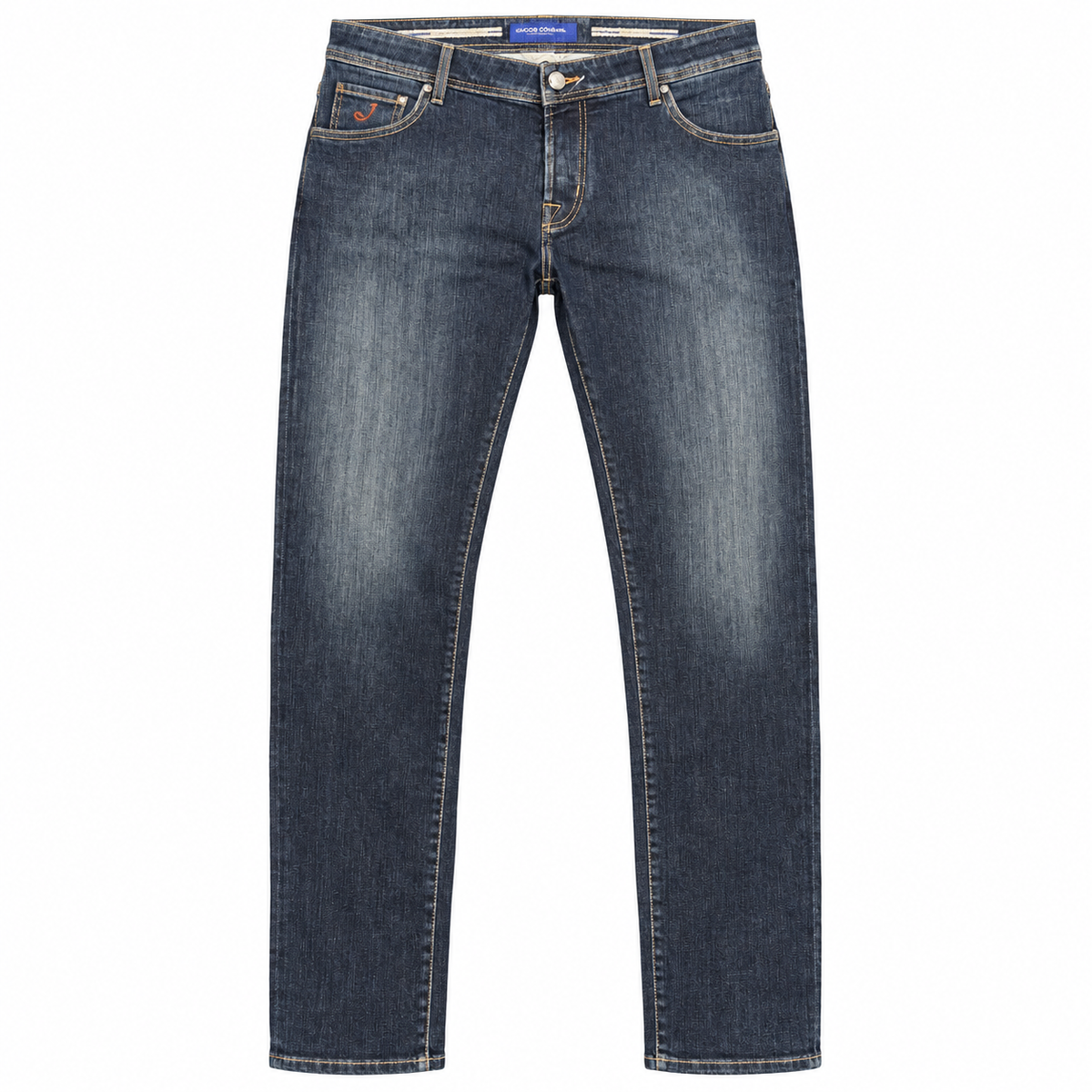 Jacob Cohen – Nick slim-fit blue jeans – front flat lay with pockets and contrast stitching