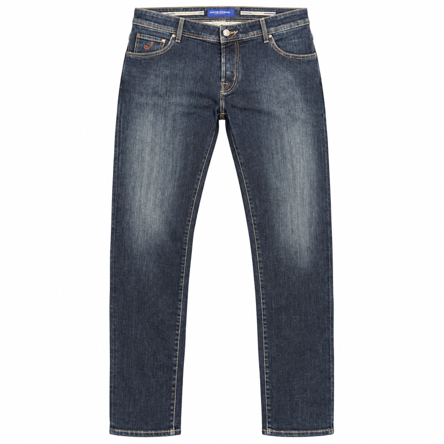 Jacob Cohen – Nick slim-fit blue jeans – front flat lay with pockets and contrast stitching