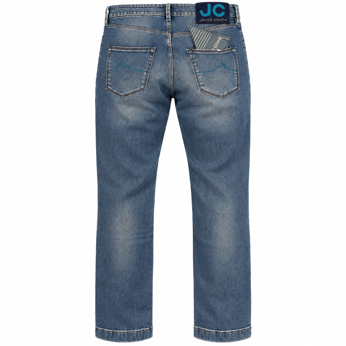 Jacob Cohen – blue denim carrot-fit jeans – rear flat-lay view with back pockets
