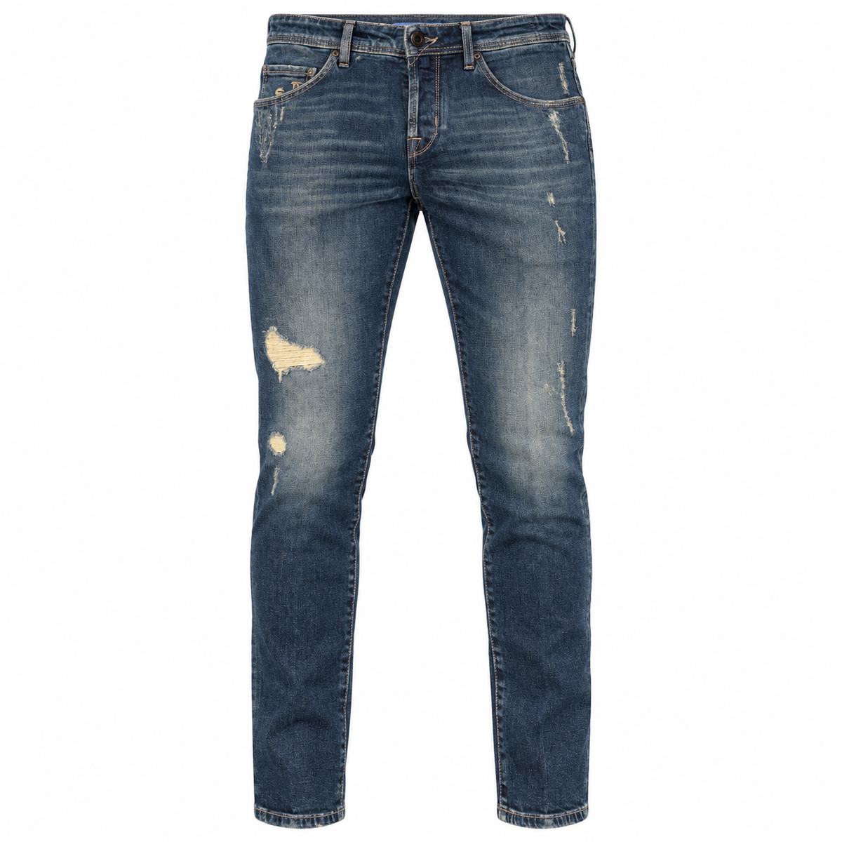 Jacob Cohen – blue cropped carrot jeans – front view with distressed fading and slim legs