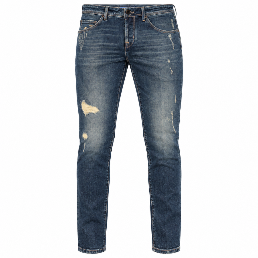 Jacob Cohen – blue cropped carrot jeans – front view with distressed fading and slim legs