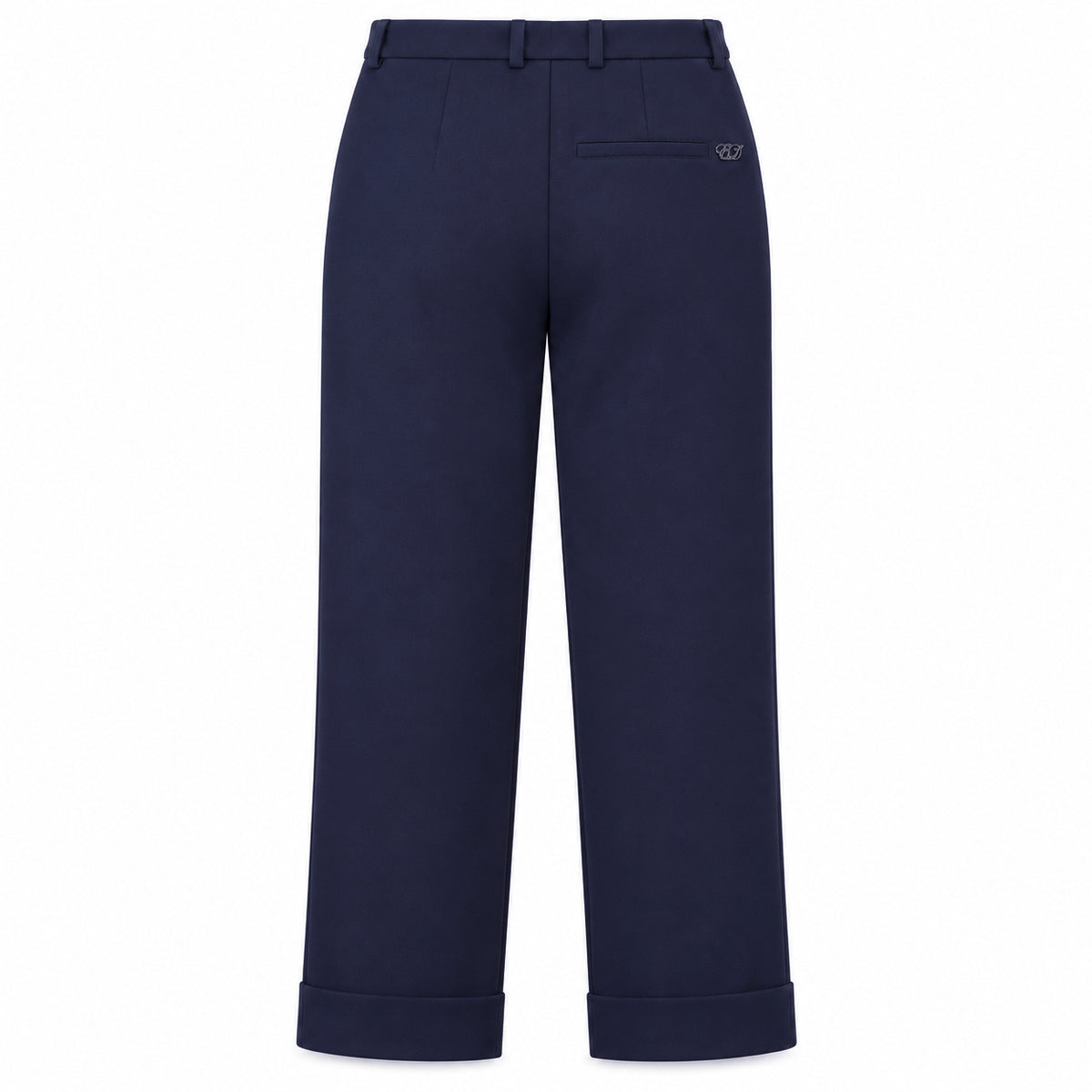 East Drive – blue stretch viscose trousers – back view with welt pocket and emblem
