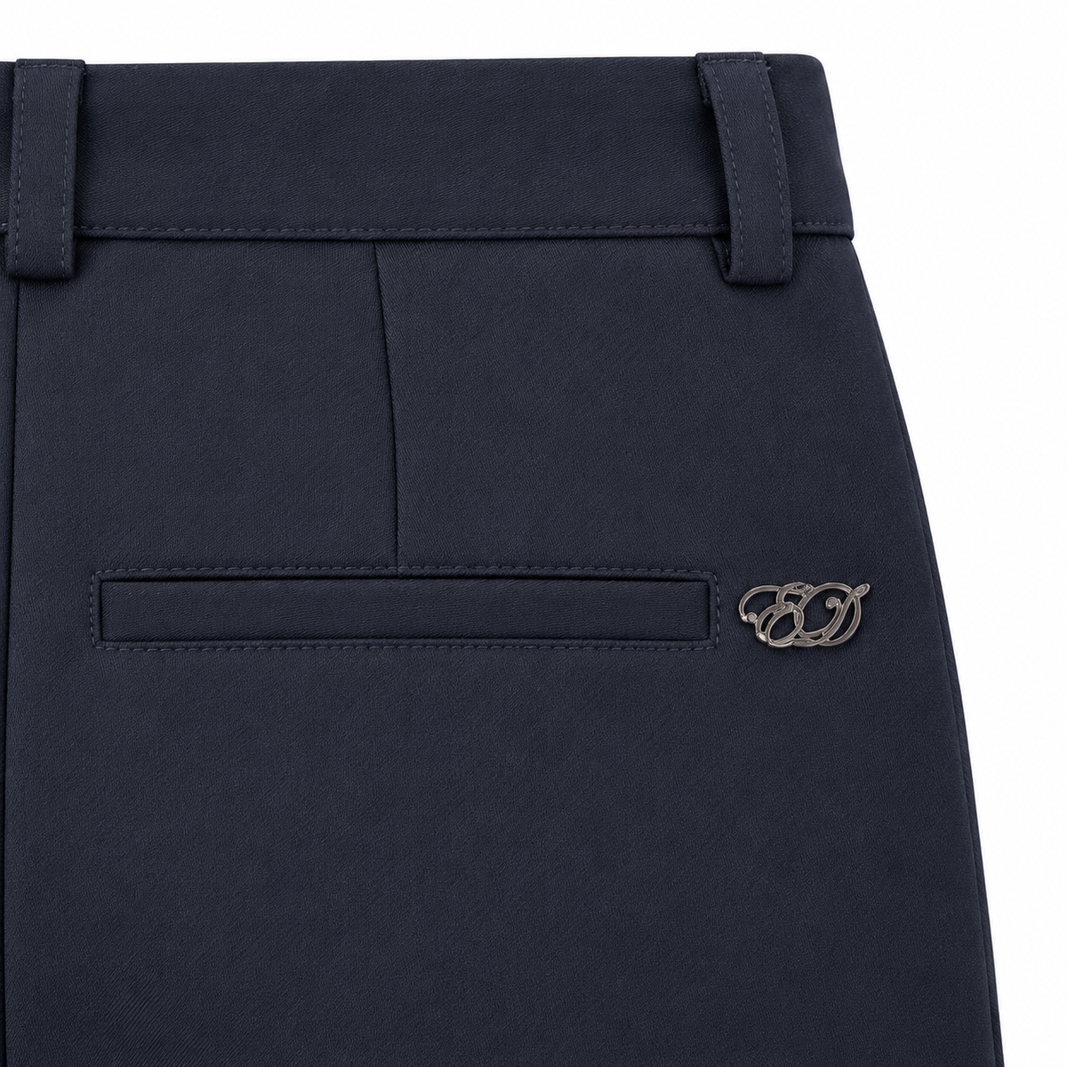 East Drive – blue stretch viscose trousers – close-up showing waistband, belt loops, stitching and pocket