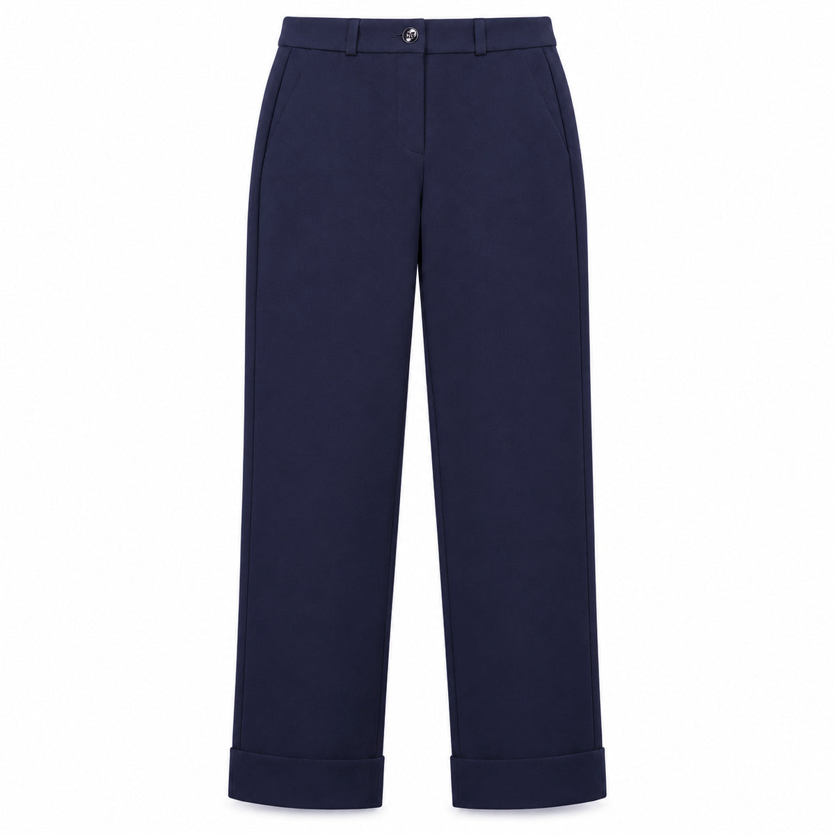 East Drive – blue stretch viscose trousers – front view with belt loops and rolled cuffs