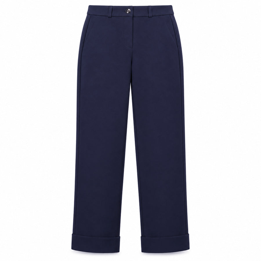 East Drive – blue stretch viscose trousers – front view with belt loops and rolled cuffs